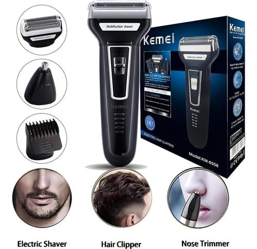 Barbeador Aparador Cortador Kemei 3 em 1 KM-6558 Recarregável Preto