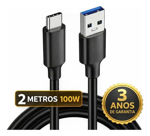 Cabo Usb Tipo C 100W 2 Metros turbo Compatível Samsung Galaxy S25 S24 Plus S23 Fe S22 S21 S20 A16 A15 A22 A13 A14 A55 A53 A54 A06 A0 iphone 15 16 17 Pro Max Carplay Auto Android Ps5 Dtimp