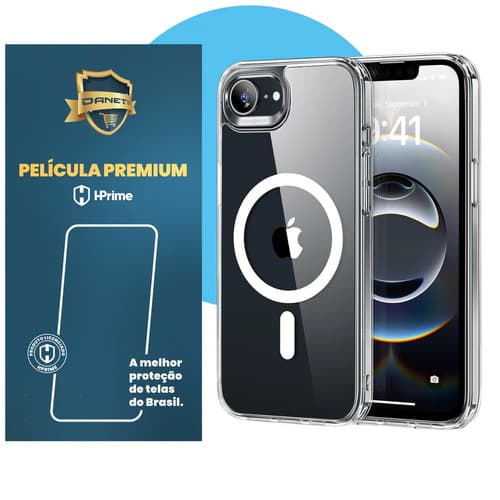 Kit Capa Capinha Magnética Para iPhone 16e Case Transparente Com Película De Vidro Temperado Proteção Danet