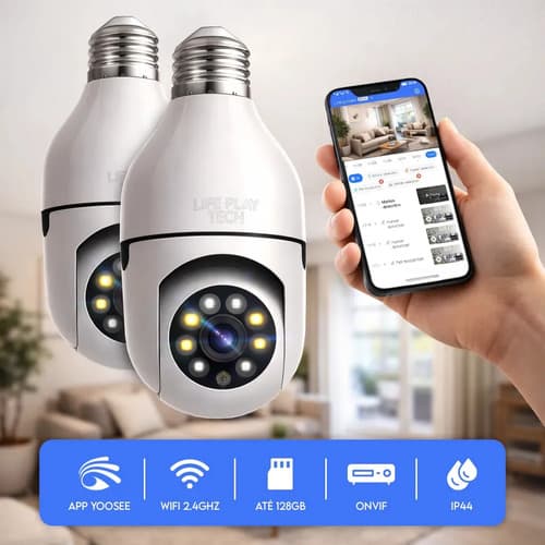 KIT 2 Câmera Segurança Lâmpada WiFi 360° Full HD 1080p Visão Noturna Infravermelho Áudio Bidirecional Soquete E27 App Yoosee 2.4GHz Rotação 360x90° Monitoramento Residencial