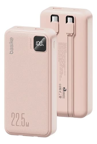 Power Bank Basike 20000mAh Rosa, Carga Rápida 22.5W para iPhone e Samsung, Com Cabos Embutidos e Display