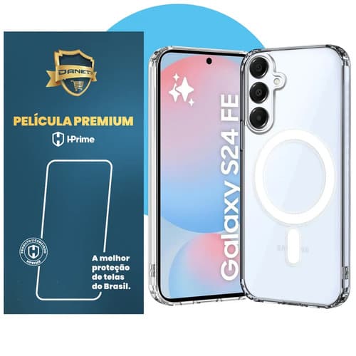 Kit Capa Capinha Magnética Para Galaxy S24 Fe E Outros, Case Transparente Com Película De Vidro Temperado Proteção Danet