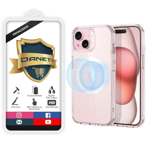 Kit Capa Capinha Magnética Para iPhone 15 Plus Case Transparente Com Película De Privacidade Ceramica Fosca Danet