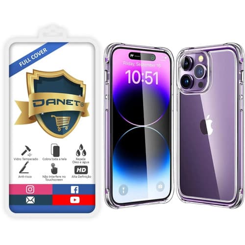 Kit Capa Capinha Transparente Para iPhone 14 Pro Case E Película 3d Danet Full Cover Anti Impacto