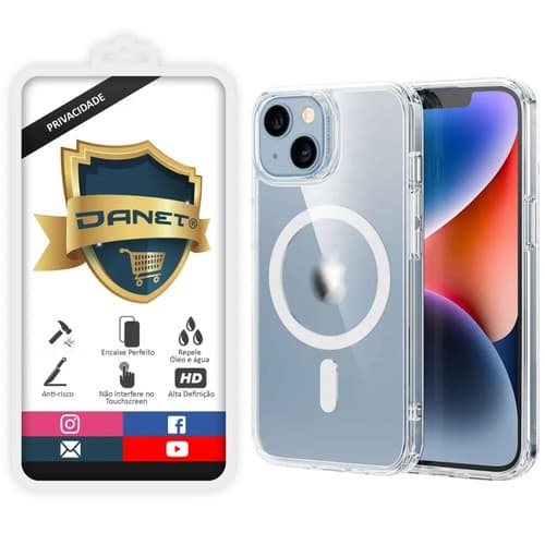 Kit Capa Capinha Magnética Para iPhone 14 Normal Case Transparente Com Película De Privacidade Ceramica Fosca Danet
