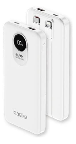 Power Bank 10000mah com cabo embutido, power bank de viagem com carga rápida de 22,5W e display digital LED, bateria USB C para iPhone 17/16/15/14/13/12/11 series, iPad, Samsung, Android,Branco