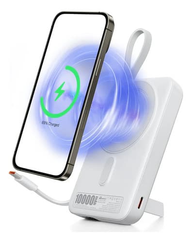 Power Bank 10000mah, Carregamento Rápido 22.5w, Magnético, Com Cabos Embutidos Usb-c, Display Digital, Compatível Com iPhone E Samsung, Essencial Para Viagem - Branco