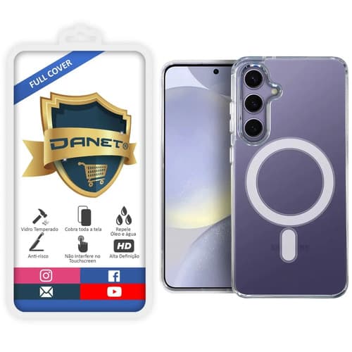 Kit Capa Capinha Magnética Para Galaxy S24 Normal Case Transparente Com Película De Vidro Temperado 3d Full Cover Danet
