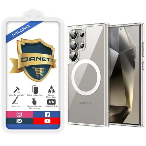 Kit Capa Capinha Magnética Para Galaxy S24 Ultra Case Transparente Com Película De Vidro Temperado 3d Full Cover Danet