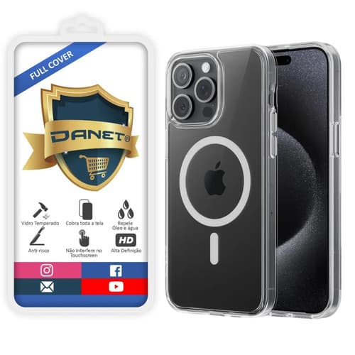 Kit Capa Capinha Magnética Para iPhone 15 Pro Case Transparente Com Película De Vidro Temperado 3d Full Cover Danet