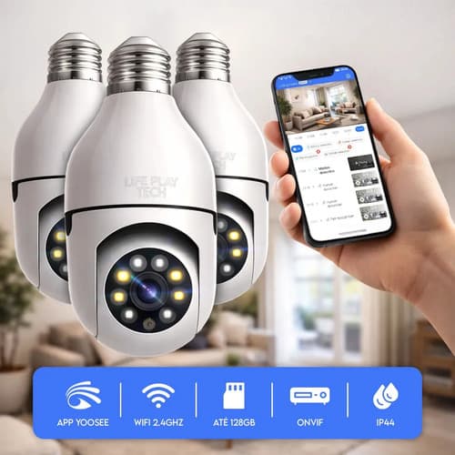 KIT 3 Câmera Segurança Lâmpada WiFi 360° Full HD 1080p Visão Noturna Infravermelho Áudio Bidirecional Soquete E27 App Yoosee 2.4GHz Rotação 360x90° Monitoramento Residencial