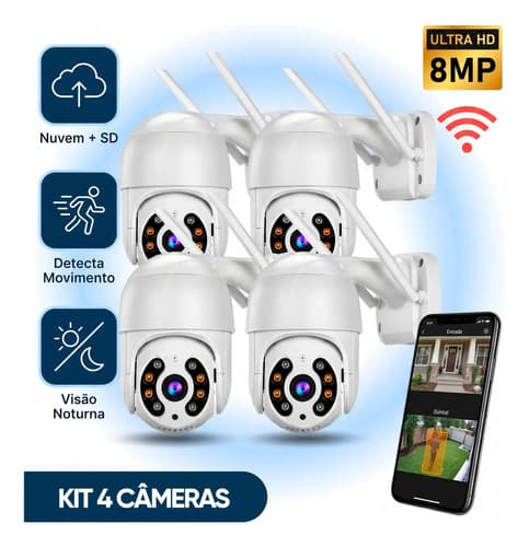 Kit Com 4 Câmeras De Segurança Ip Wifi A8 Full Hd Icsee Ptz 355° Com Visão Noturna Áudio Bidirecional Ip66 Monitoramento Remoto Para Celular Android E iPhone