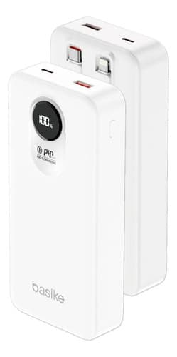 Power Bank 20000mah com cabo embutido, power bank de viagem com carga rápida de 22,5W e display digital LED, bateria USB C para iPhone 17/16/15/14/13/12/11 series, iPad, Samsung, Android,Branco