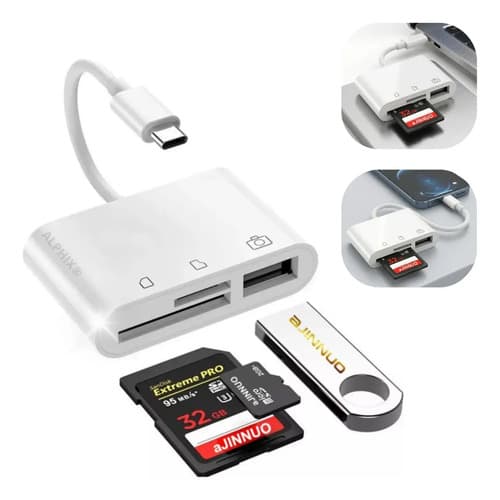 Adaptador Leitor de Cartão Tipo C 3 em 1, USB OTG para SD e MicroSD