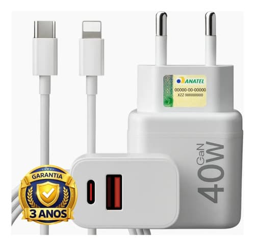 Carregador Turbo 40w Compativel Com iPhone 8 X Xr 11 12 13 14 Pro Max Usb Tipo C Duplo