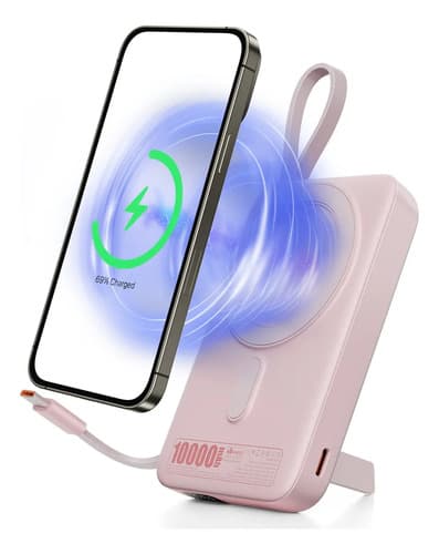 Power Bank 10000mAh, Carregamento Rápido 22.5W, Magnético, com Cabos Embutidos USB-C, Display Digital, Compatível com iPhone e Samsung, Essencial para Viagem - Rosa
