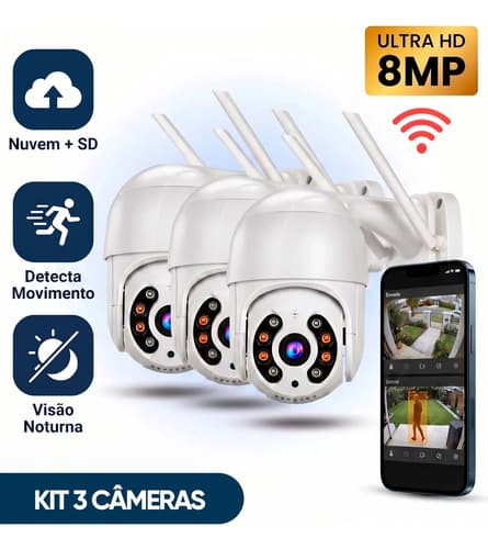 Kit Com 3 Câmeras De Segurança Ip Wifi A8 Full Hd Icsee Ptz 355° Com Visão Noturna Áudio Bidirecional Ip66 Monitoramento Remoto Para Celular Android E iPhone