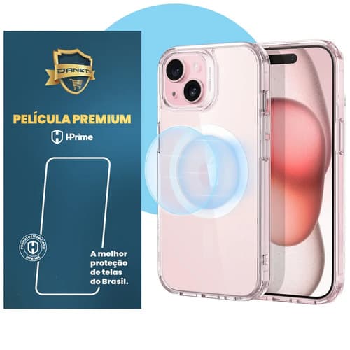 Kit Capa Capinha Magnética Para iPhone 15 Plus Case Transparente Com Película De Vidro Temperado Proteção Danet