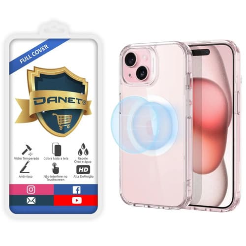 Kit Capa Capinha Magnética Para iPhone 15 Plus Case Transparente Com Película De Vidro Temperado 3d Full Cover Danet