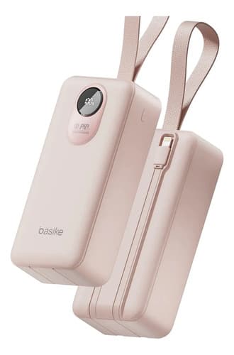Power Bank Basike 30.000mAh Portátil, Carregamento Rápido 22.5W, com Cabos Embutidos e Display LED para iPhone e Samsung Rosa