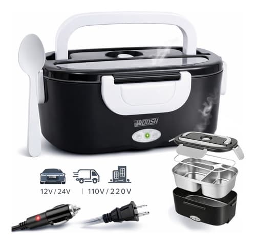 Marmita Elétrica Preta Bivolt Portátil Doméstica Veicular 12/24v Lancheira 1.5l Com Divisórias Esquenta Rápido Woosh