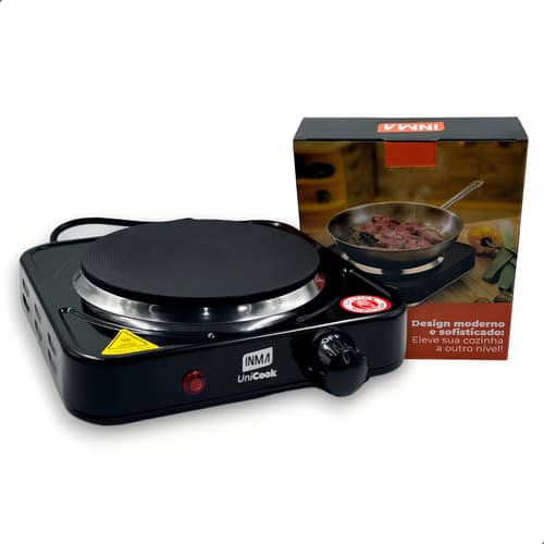 Fogão Cooktop Elétrica Fogareiro Portátil 1000w 1 Boca Mesa INMA Viagem Camping Queimadores Acampamento Trava Segurança Níveis Temperatura Regulável Automático Acendedor Aço Inox Panela