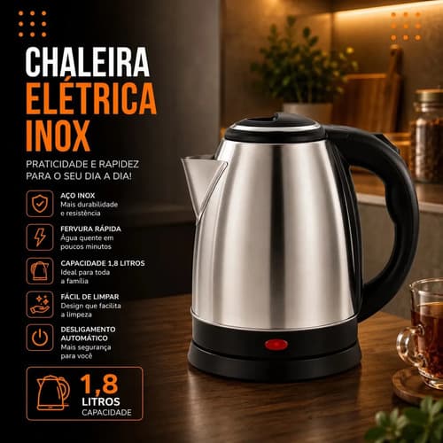 Chaleira Jarra Elétrica 1,8l Litros Em Inox Desligamento Automático Aquecimento Rápido Segura Café Chá Fácil Abertura Tampa Alça Pro Brindes