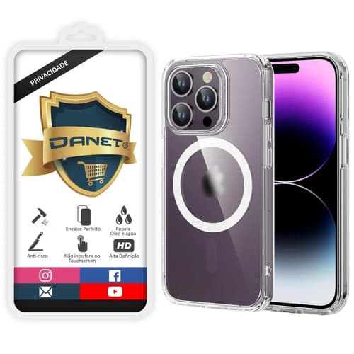 Kit Capa Capinha Magnética Para iPhone 14 Pro Max Case Transparente Com Película De Privacidade Ceramica Fosca Danet