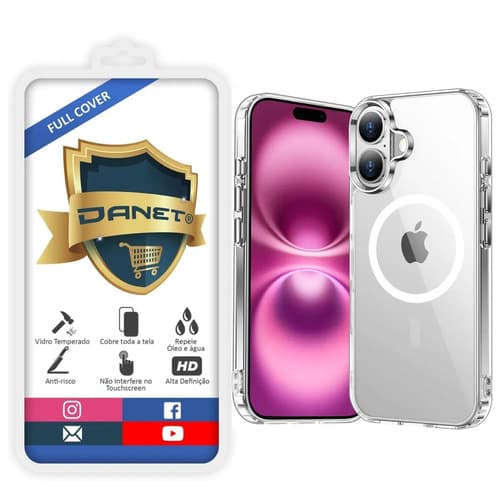Kit Capa Capinha Magnética Para iPhone 16 Normal Case Transparente Com Película De Vidro Temperado 3d Full Cover Danet