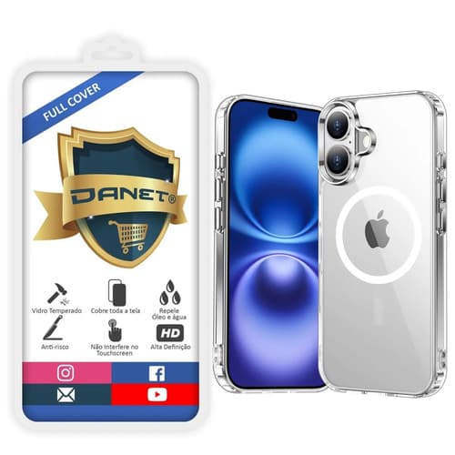 Kit Capa Capinha Magnética Para iPhone 16 Plus Case Transparente Com Película De Vidro Temperado 3d Full Cover Danet