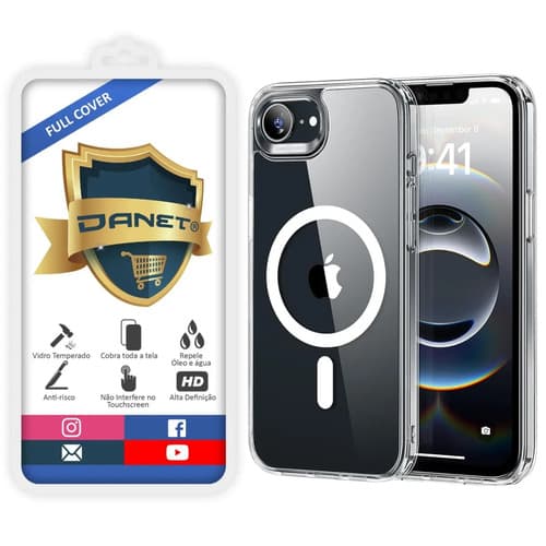 Kit Capa Capinha Magnética Para iPhone 16e Case Transparente Com Película De Vidro Temperado 3d Full Cover Danet