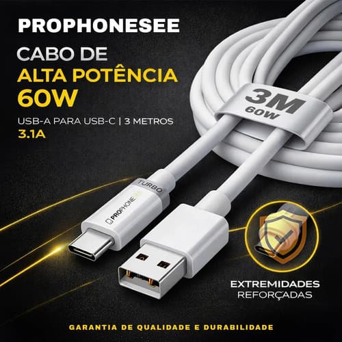 Cabo 3 Metros Carregador Tipo C Usb A Entrada Compatível Com Iphone Apple Samsung Android Xiaomi Mi Motorola Controle XBox Ps5 USBC Turbo 60W Longo Blindado Resistente Notebook Dados Celular PD