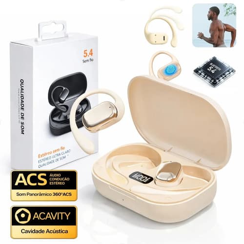 Fone Bluetooth 5.4 Tws Sem Fio Esportivo Para Corrida Academia, Compatível Com iPhone Samsung Xiaomi Motorola Com Gancho Premium Scorpion Cor Bege