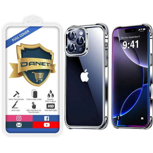 Kit Capa Capinha Transparente Para iPhone 16 Pro Case E Película 3d Danet Full Cover Anti Impacto