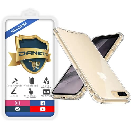 Kit Capa Capinha Transparente Para iPhone 7 Plus / 8 Plus Case E Película 3d Danet Full Cover Anti Impacto