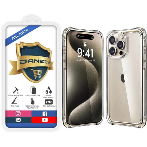 Kit Capa Capinha Transparente Para iPhone 15 Pro Case E Película 3d Danet Full Cover Anti Impacto