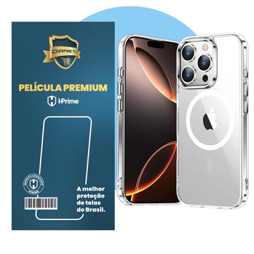 Kit Capa Capinha Magnética Para iPhone 16 Pro Max Case Transparente Com Película De Vidro Temperado Proteção Danet