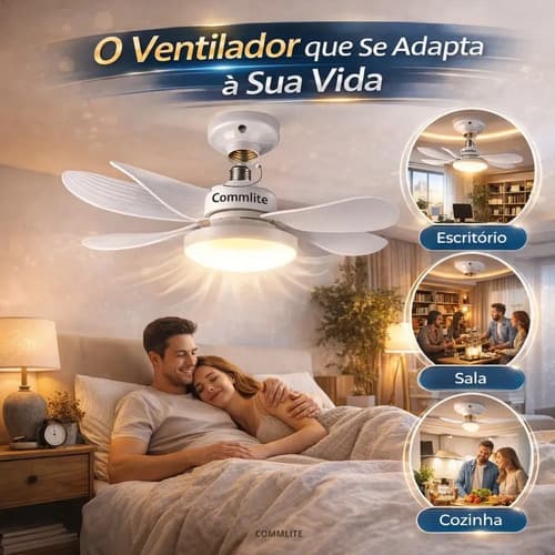 Ventilador de Teto Silencioso Commlite 60W com Lâmpada LED e Controle Remoto soquete E27 6 Hélices Lâmpada tres tipos de iluminação