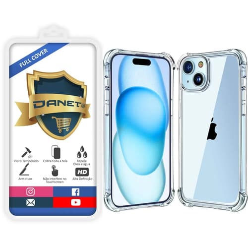 Kit Capa Capinha Transparente Para iPhone 15 Normal Case E Película 3d Danet Full Cover Anti Impacto