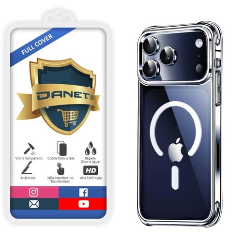 Kit Capa Capinha Magnética Para iPhone 17 Pro Case Transparente Com Película De Vidro Temperado 3d Full Cover Danet