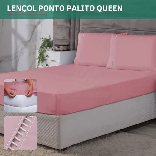 Jogo De Cama Queen Percal 400 Fios C/ Elástico Fronha Detalhe Ponto Palito 3 Pçs Maciez E Conforto Prolongado Cor Rose Premium