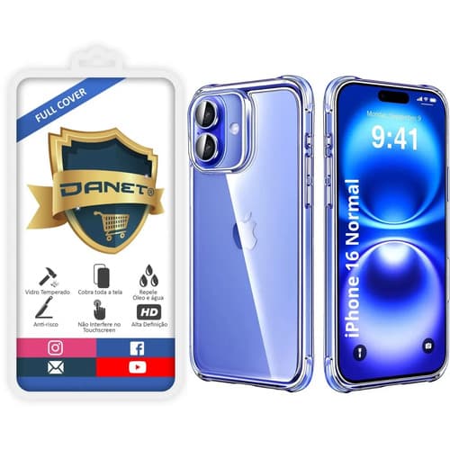 Kit Capa Capinha Transparente Para iPhone 16 Normal Case E Película 3d Danet Full Cover Anti Impacto