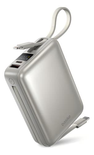 Basike Power Bank 22.5w 20000mah Com Display Carregamento Rápido Power 4-saídas Com Cabo Embutido Usb-c E Lig Htning, Rápido Pps/pd/qc Para iPhone Séries 17 16 15 14 13, Samsung S25 24 23 22 prateado