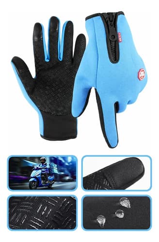 Luvas Térmicas Touch Screen Impermeáveis para Moto e Bike com Zíper - Azul-Claro