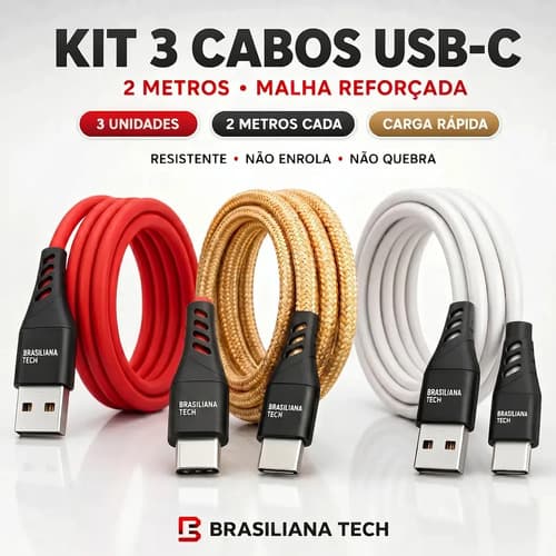 Cabo Tipo C Turbo 2 Metros Kit com 3 Cabos Carregador Rápido Cabo Usb Reforçado Carga Acelerada Sincronização De Dados Resistência Máxima Longa Duração Uso Diário Intenso Confiável Brasiliana Tech