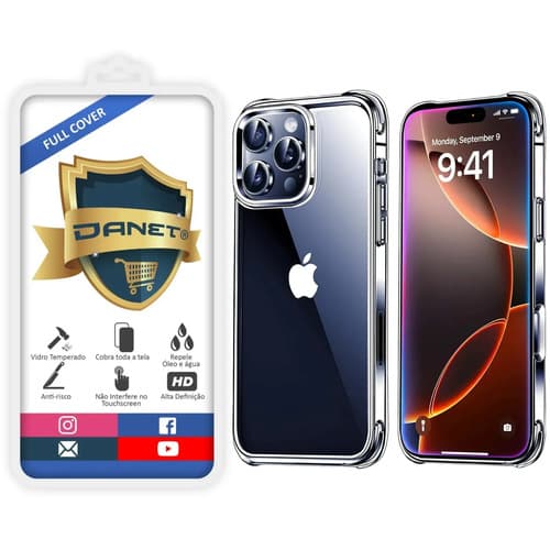 Kit Capa Capinha Transparente Para iPhone 16 Pro Max Case E Película 3d Danet Full Cover Anti Impacto