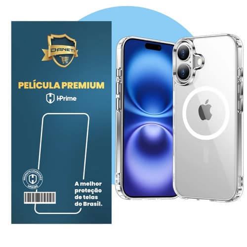 Kit Capa Capinha Magnética Para iPhone 16 Plus Case Transparente Com Película De Vidro Temperado Proteção Danet