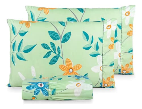 Jogo De Lençol Queen Micropercal 400 Fios Sofisticado 3pç Pétalas Verde Estampado