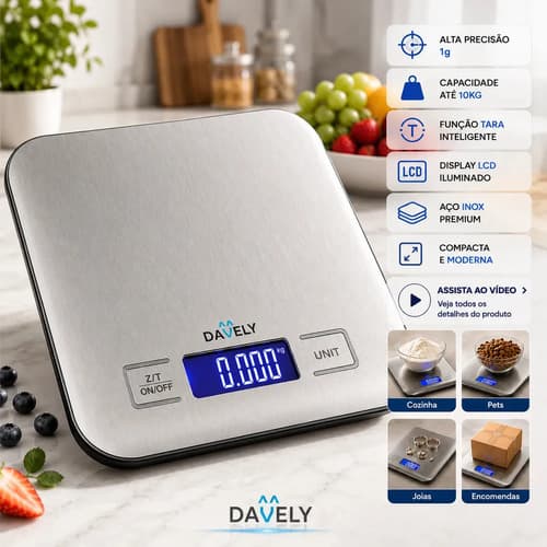 Balança Digital Cozinha eletrônica Touch 10kg Inox Display Led LCD culinária Fitness pesagem alimentos para dieta portátil alimentar Foods Comida Profissional Domestico Confeitaria Nutricional Davely.