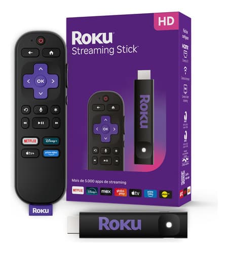 Roku Streaming Stick TVBox Aparelho Transforma TV em Smart Conversor Smart TV Controle Voz Wi-Fi Longo Alcance | Original NF-e | Com Apps e Canais Ao Vivo Grátis Sistema Rápido